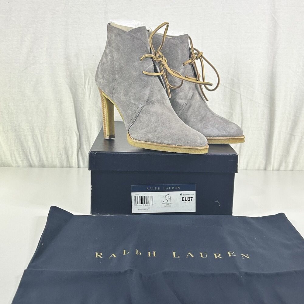 Ralph Lauren Purple Label Briella Gray Calf Suede Heeled Boot EU37 US6.5‎ NIB